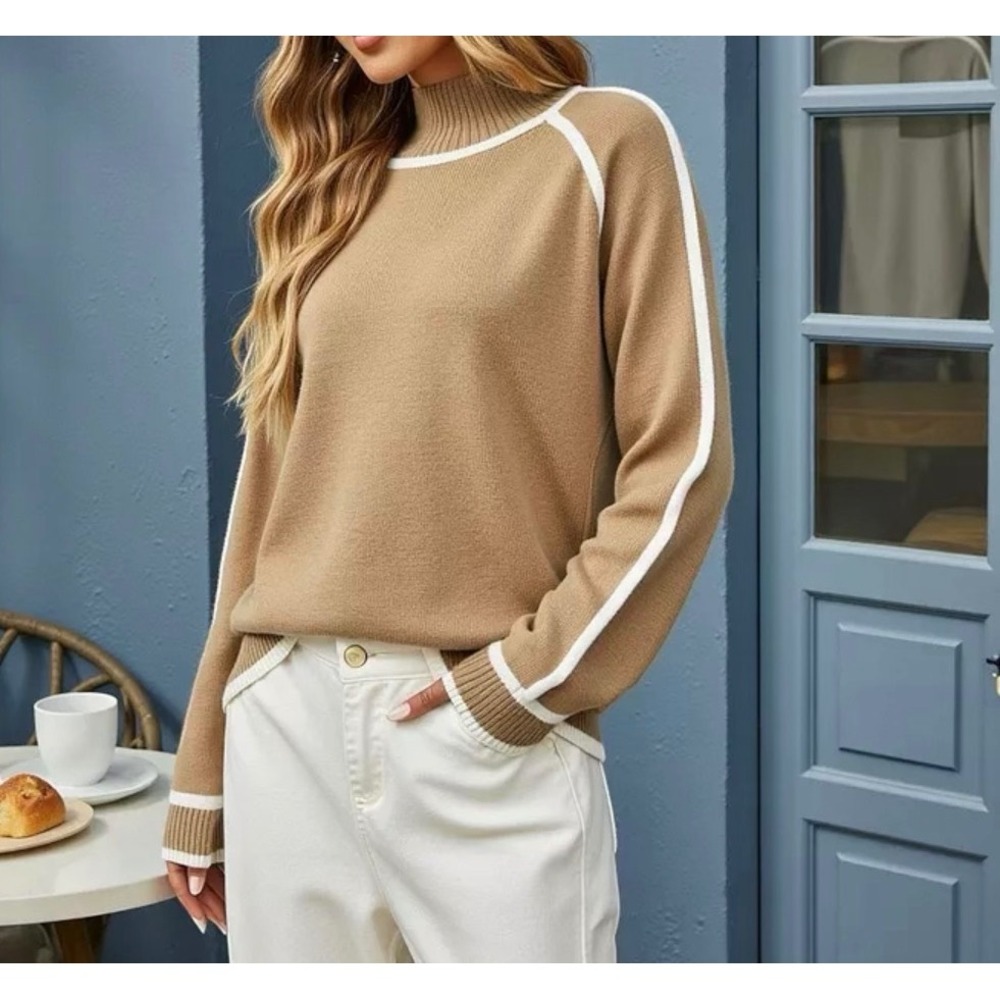 Anna-Kaci California Tan Mock Neck Raglan Sleeve Sweater‎ White Stripe Small